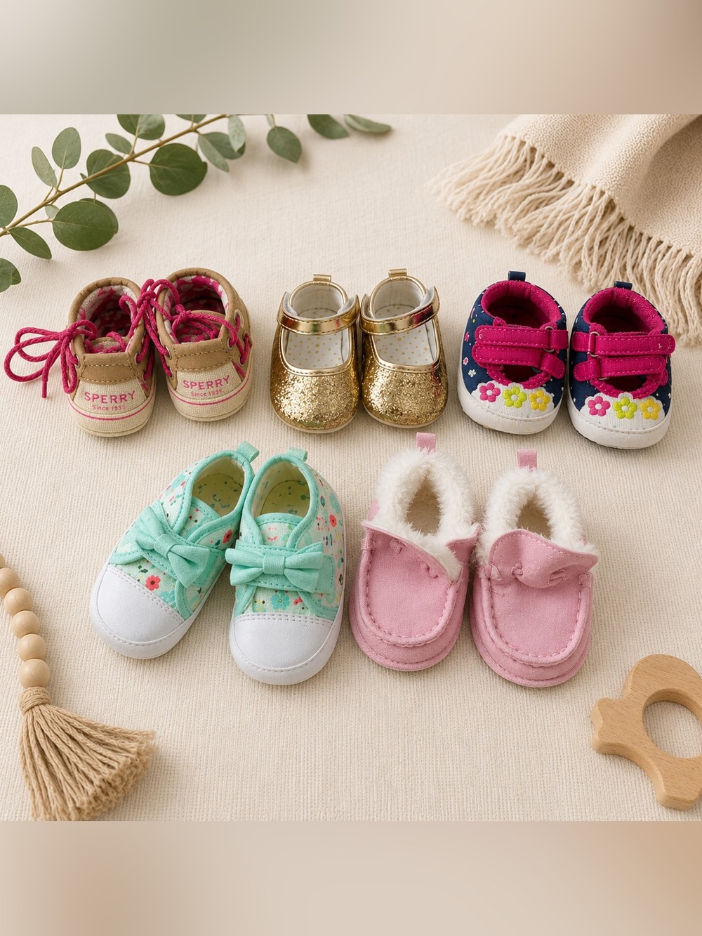 Sperry Baby Walker Shoes Bundle Pink Gold Glitter Floral 0-6M Size 1-2